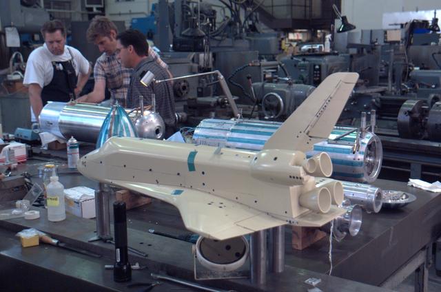 3% Space Shuttle Model preparation in Ames Machine Shop for Return to flight test to be run in the Ames 9X7ft wind tunnel test T97-0131 (IA-700B)