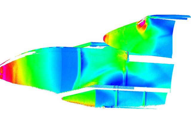 3% Space Shuttle Model Testing for Return to flight in the Ames 9X7ft wind tunnel test T97-0131 (IA-700B) showing data images created with pressure sensitive paint used on mode during the test run.