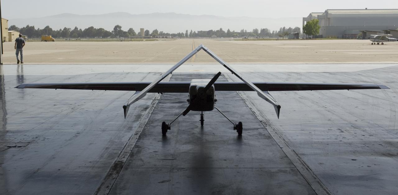 Sierra Uninhaited Aerial System (UAV plane) in the Ames hangar. aks; Sierra Unpiloted Aerial system (UAS)