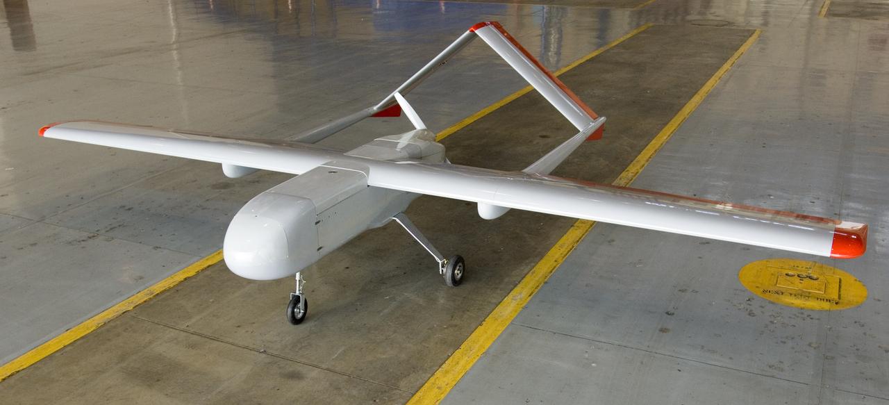 Sierra Uninhaited Aerial System (UAV plane) in the Ames hangar. aks; Sierra Unpiloted Aerial system (UAS)