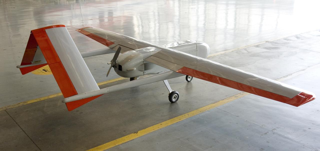 Sierra Uninhaited Aerial System (UAV plane) in the Ames hangar. aks; Sierra Unpiloted Aerial system (UAS)