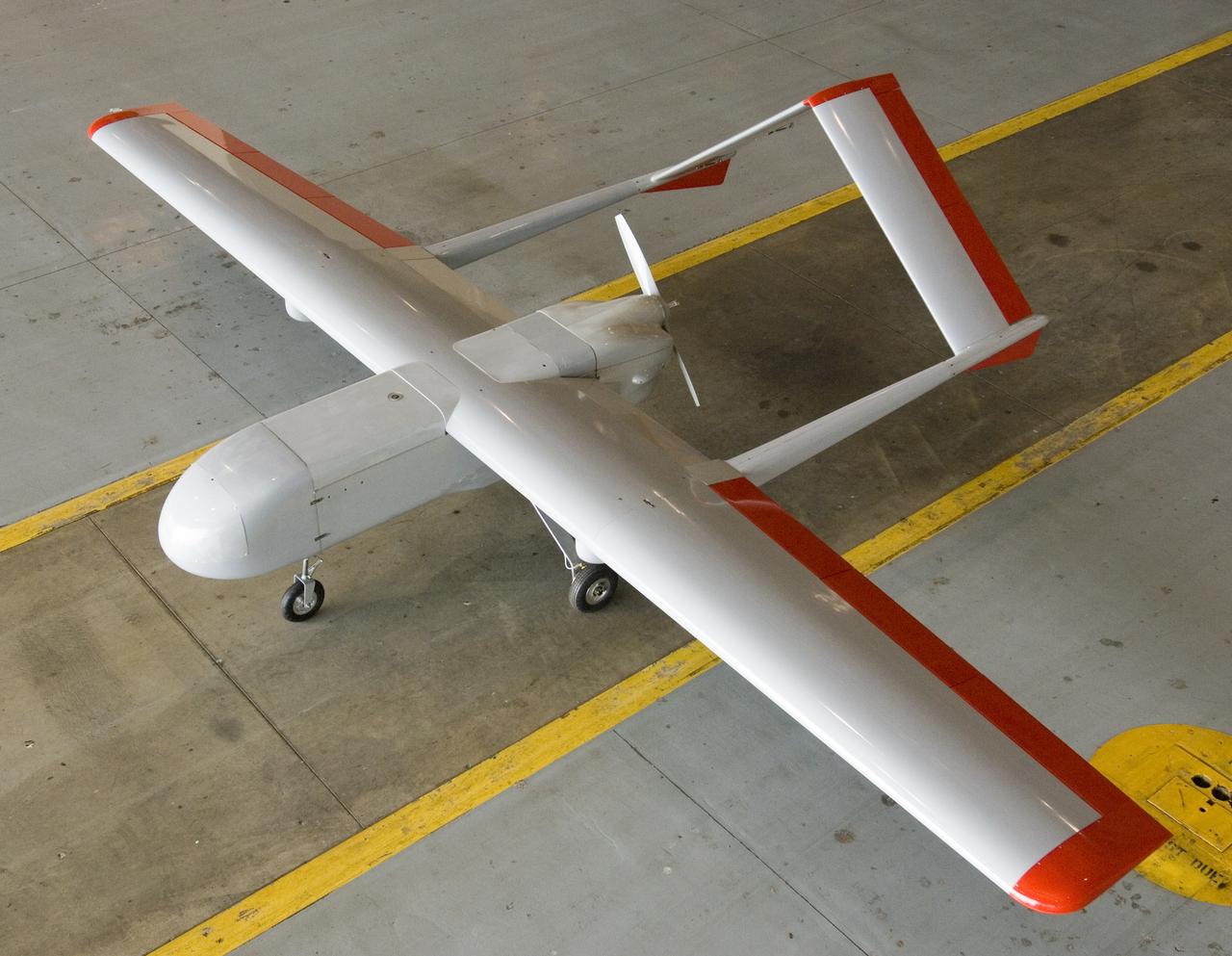 Sierra Uninhaited Aerial System (UAV plane) in the Ames hangar. aks; Sierra Unpiloted Aerial system (UAS)