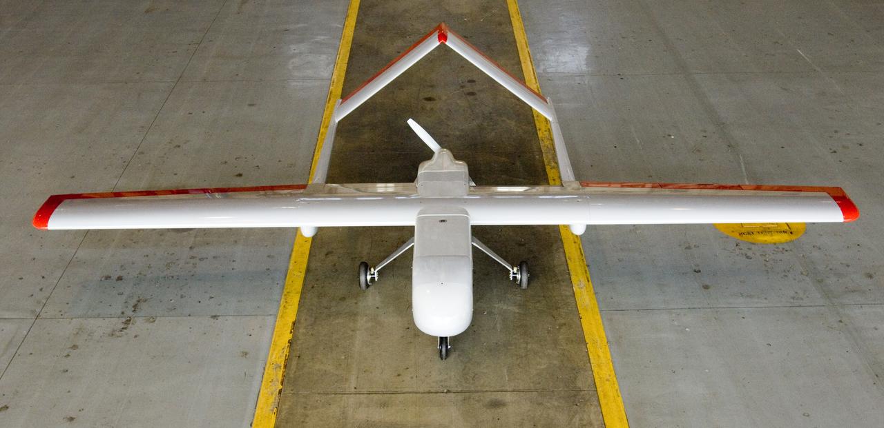Sierra Uninhaited Aerial System (UAV plane) in the Ames hangar. aks; Sierra Unpiloted Aerial system (UAS)