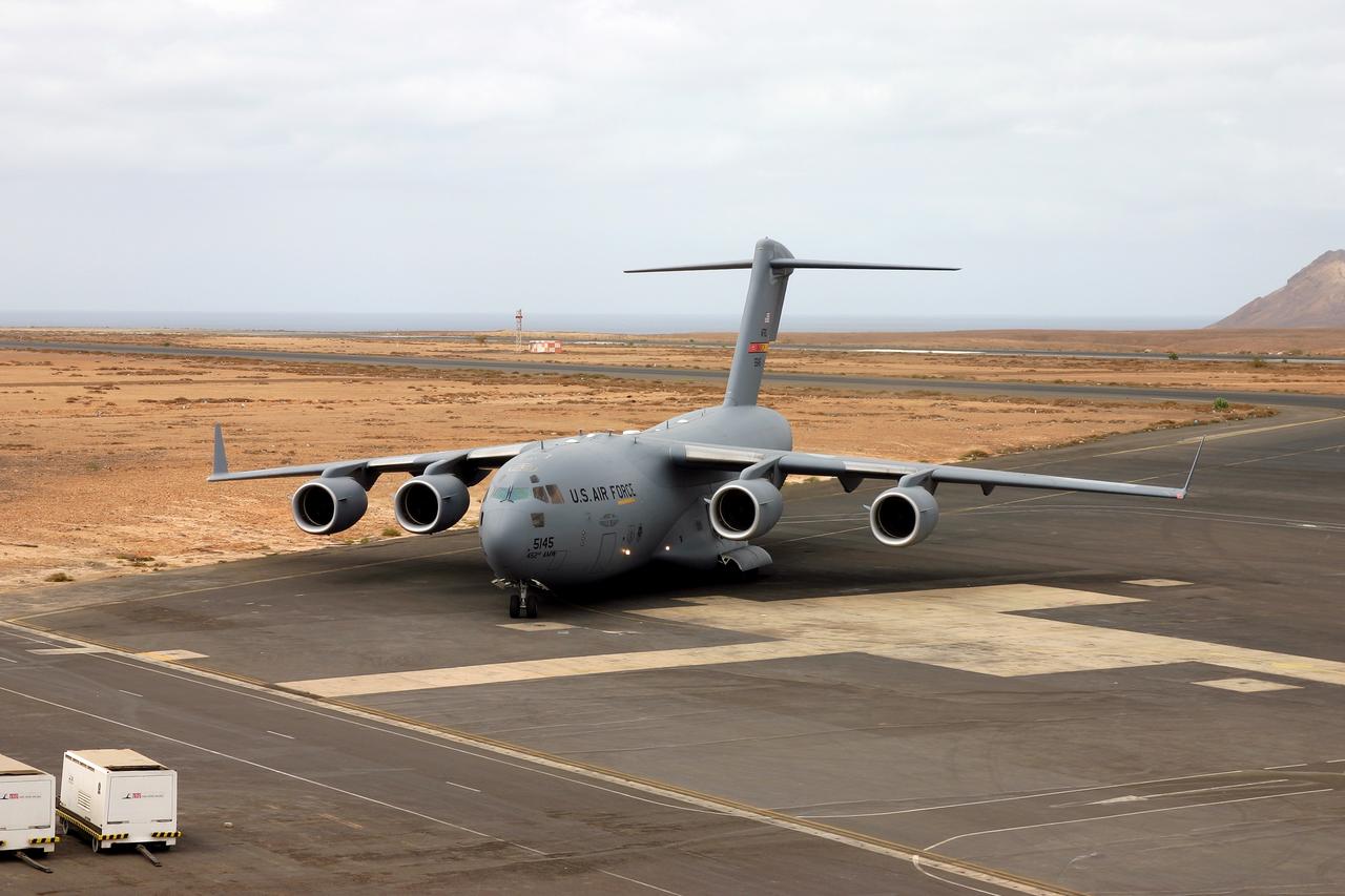 DC-8 NAMMA MISSION TO CAPE VERDE, AFRICA: U.S. Air Force C-17, Spirit of Ronald Reagan, taxis after landing at Sal Island's Amilcar Cabral International Airport carrying equipment and supplies for the mission