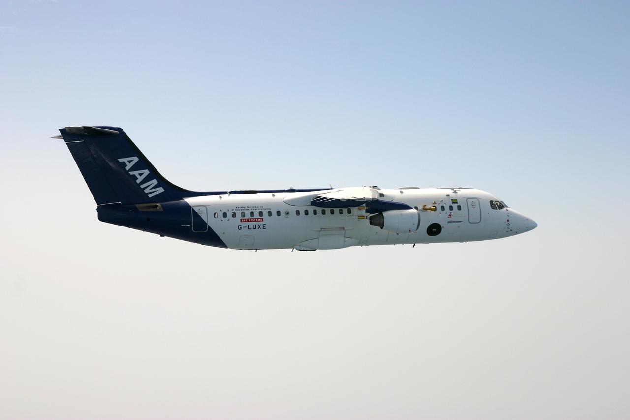 DC-8 NAMMA MISSION TO CAPE VERDE, AFRICA: U.K.'s Facility for Airborne Atmospheric Measurements (FAAM) aircraft, a BAE-146, over the Eastern Atlantic Ocean off the coast of Senegal, Africa