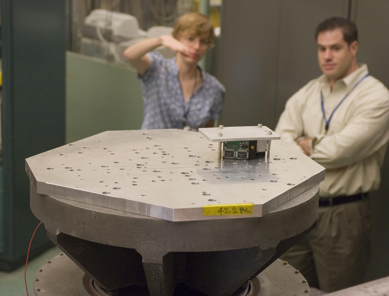 LCROSS (Lunar Crater Observation Sensing Satellite) Near InfraRed Spectrometer shake test in Ames N-244 high bay EEL Lab - with Kimberly Ennico and Anthony Colaprete