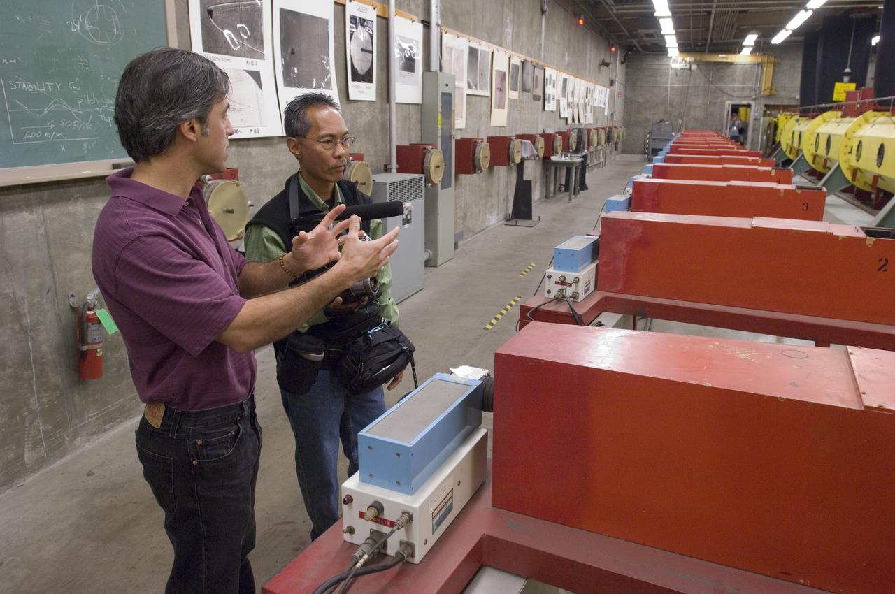 Ames holds a Media Day at the Hypervelocity Free Flight facility where Ames is conducting high-speed tests of small models of the agency's new Orion CEV  to learn about stability during flight. The hypervelocity test facility uses a gun to shoot Orion models between 0.5 and l.5 inches (1.25 - 3.75 centimeters in diameter. The facility can conduct experiments with speeds up to 19,000 miles per hour (30,400 kilometers per hour) - Gary Reyes, San Jose mercury New interviews Chuck Cornelison