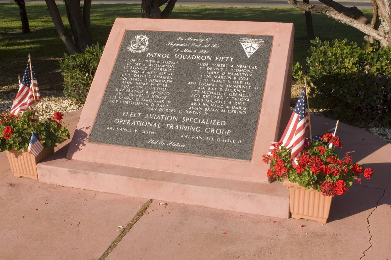 Ames and Moffett Field (MFA) historical sites and memorials Navy Patrol Squadron 50 Memorial Plaque and surrounding (located between Moffett Post office and Bldg 3 along McCord Avnue. In memory of the shipmentes lost at sea 21 March 1991.... Still on Station