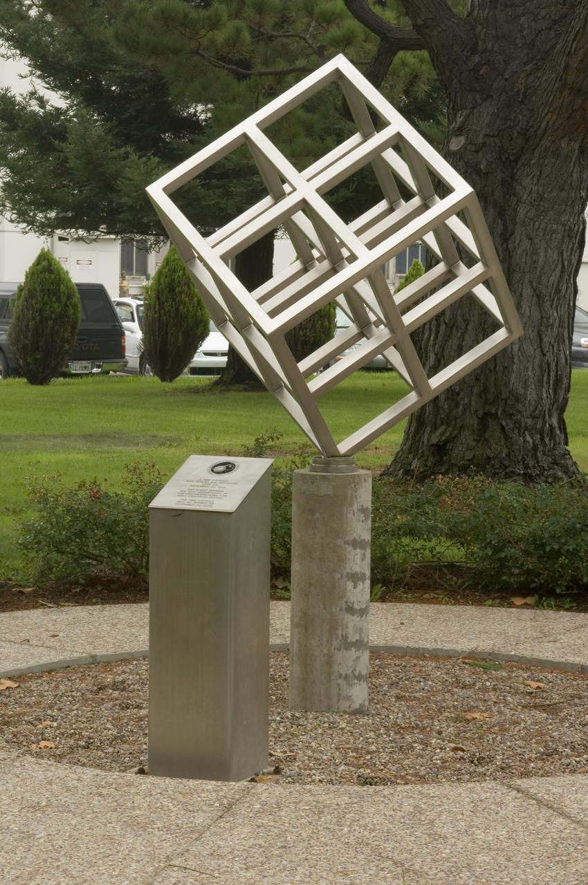 Ames and Moffett Field (MFA) historical sites and memorials Time capsule and cube display ot courner of DeFrance and King Road (50th year anniversary placement), with detail on brass plaque in walkway