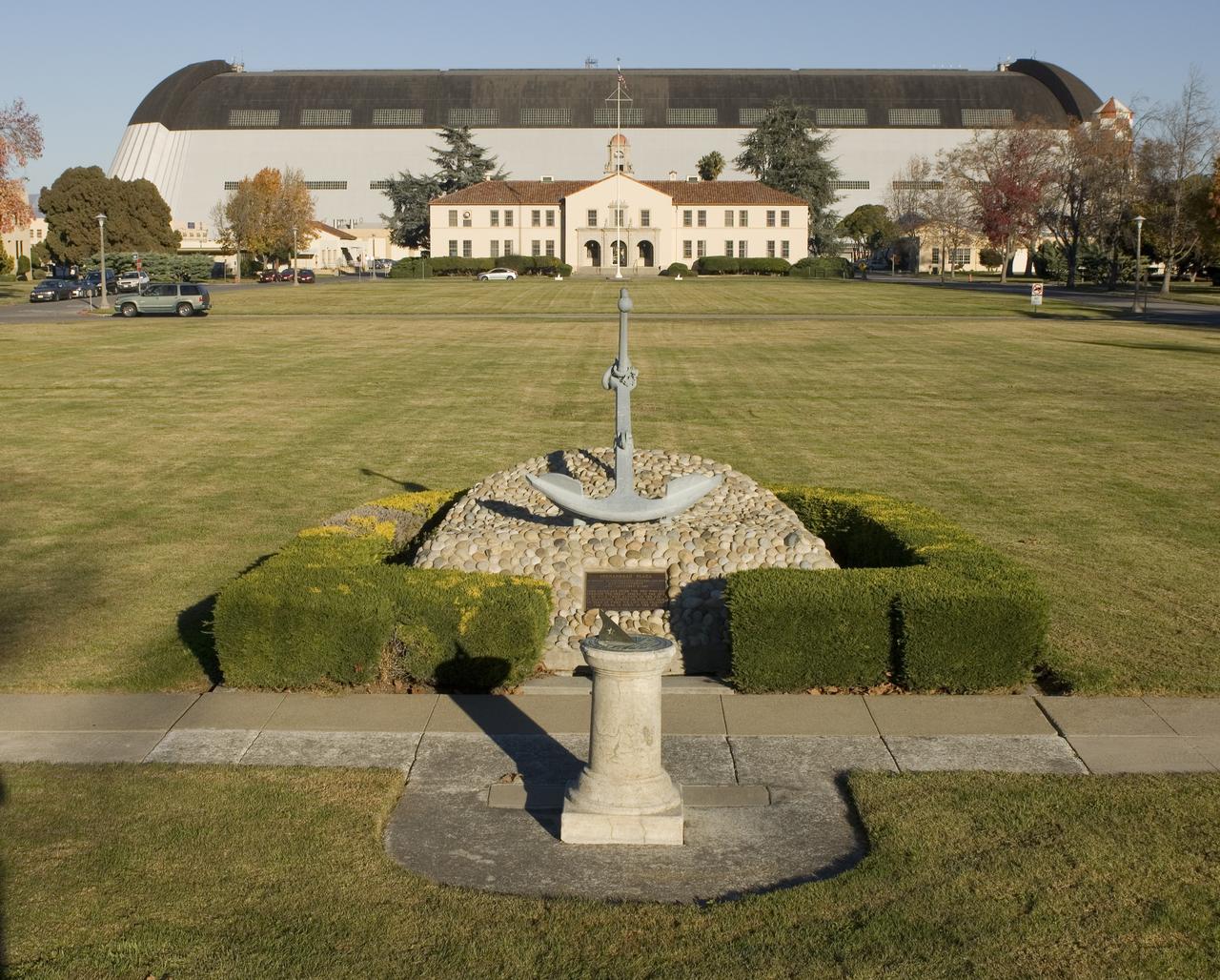Ames and Moffett Field (MFA) historical sites and memorials Navy Memorial anchor display on Shennandoah plaza - dedication plaque in memory of the Fourteen Officers and men USS Shennandoah lost September 3, 1925. A 50th Anniversary Time Capsule  A Sundial presented by R. Adml. Faronholt November 21, 1933 and a 100 year Time Capsule dedicated on July 1, 1994