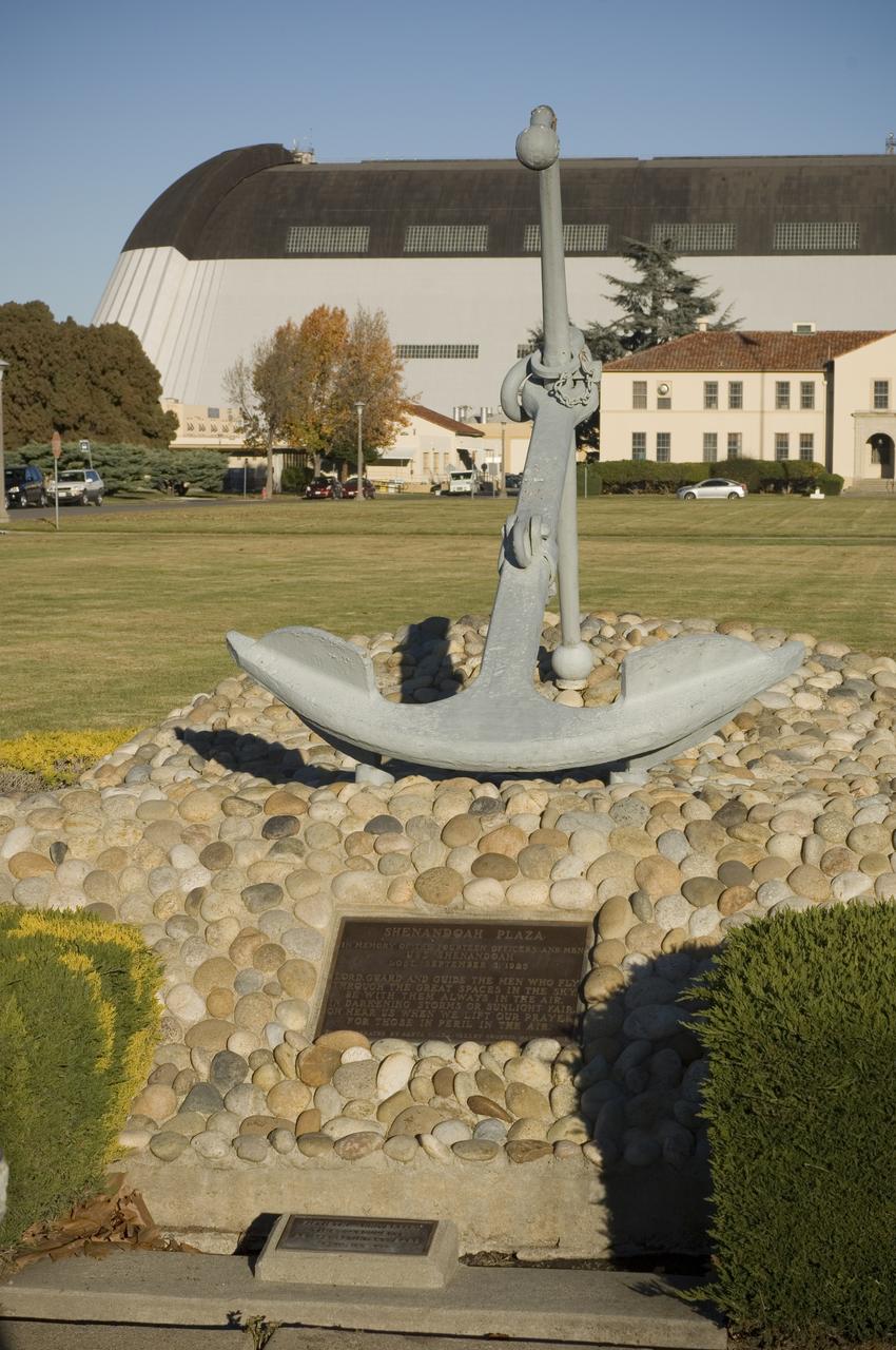 Ames and Moffett Field (MFA) historical sites and memorials Navy Memorial anchor display on Shennandoah plaza - dedication plaque in memory of the Fourteen Officers and men USS Shennandoah lost September 3, 1925. A 50th Anniversary Time Capsule  A Sundial presented by R. Adml. Faronholt November 21, 1933 and a 100 year Time Capsule dedicated on July 1, 1994