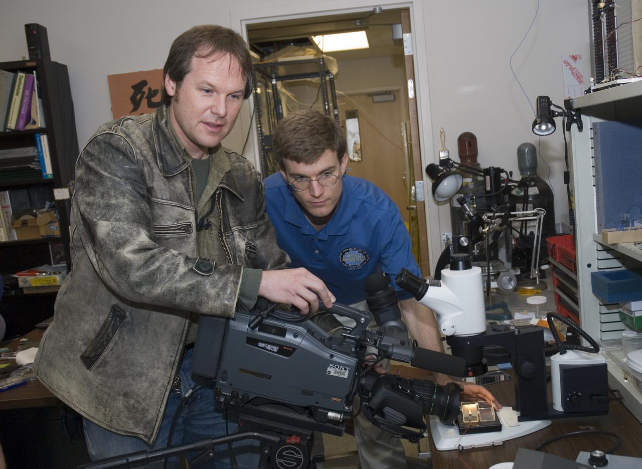 Stardust sample analysis @ UC Berkeley clean room  with Dr Scott Sandford, NASA Ames Astrophysicist - mission samples provided to UC Berkeley for analysis by NASA  Jess Carpenter, NASA/AMES video crew at Berkeley Lab setting for filming from outside the clean room