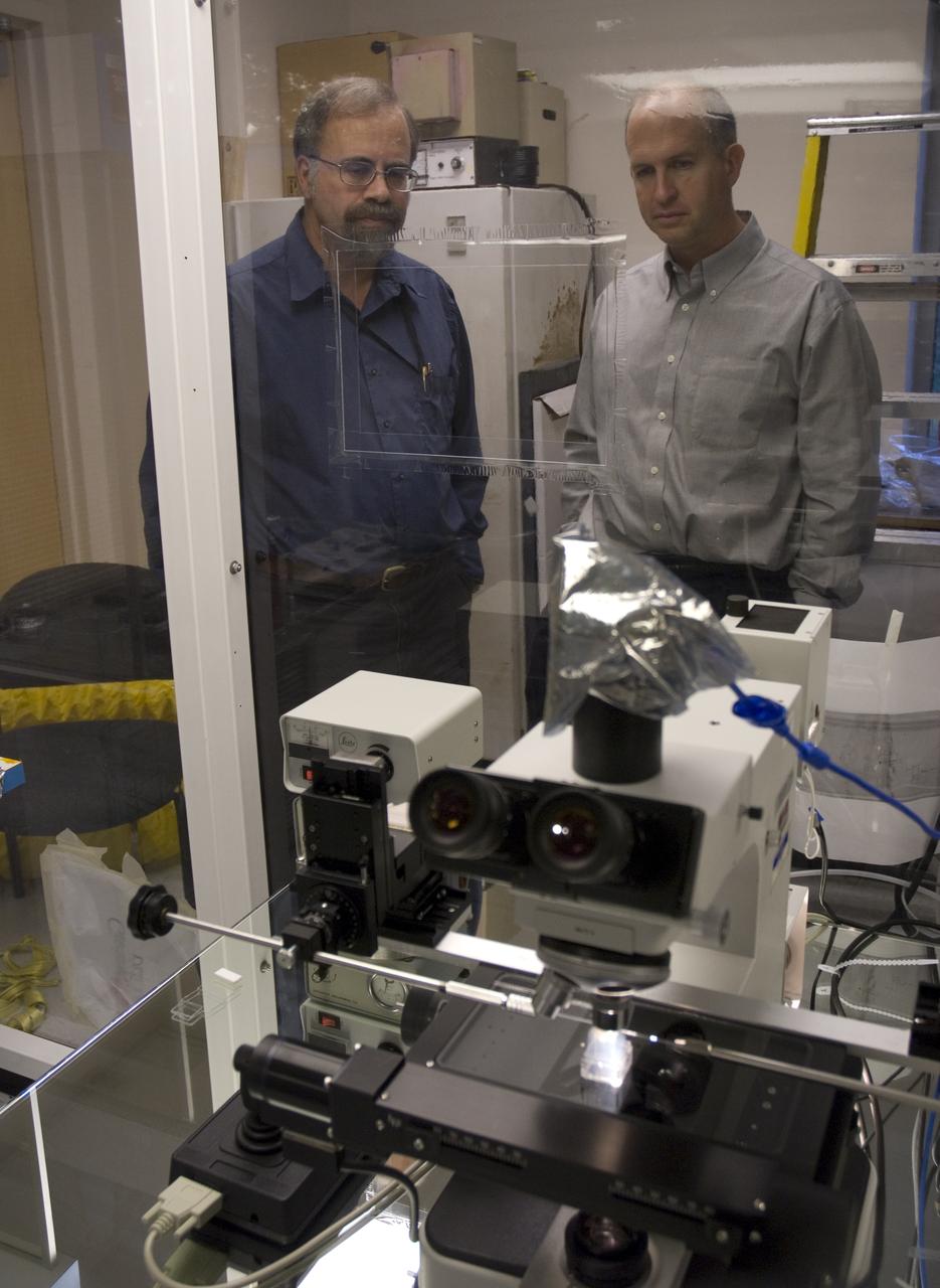 Stardust sample analysis @ UC Berkeley clean room  with Dr Scott Sandford, NASA Ames Astrophysicist - mission samples provided to UC Berkeley for analysis by NASA: Dr Andrew Westphal, Berkeley Physicist with Dr Scott Sandford, NASA Ames Astrophysicist oversee sample analysis
