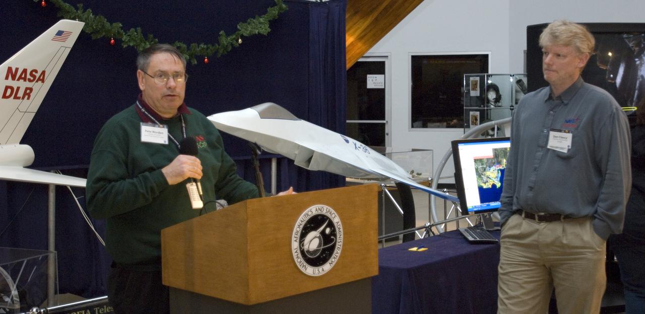 Kick-off event for Google NASA collaboration (held in the Ames Exploration Center 943A) with Ames Center Director Pete Worden (L) and Dan Clancy, Director of engineering Google