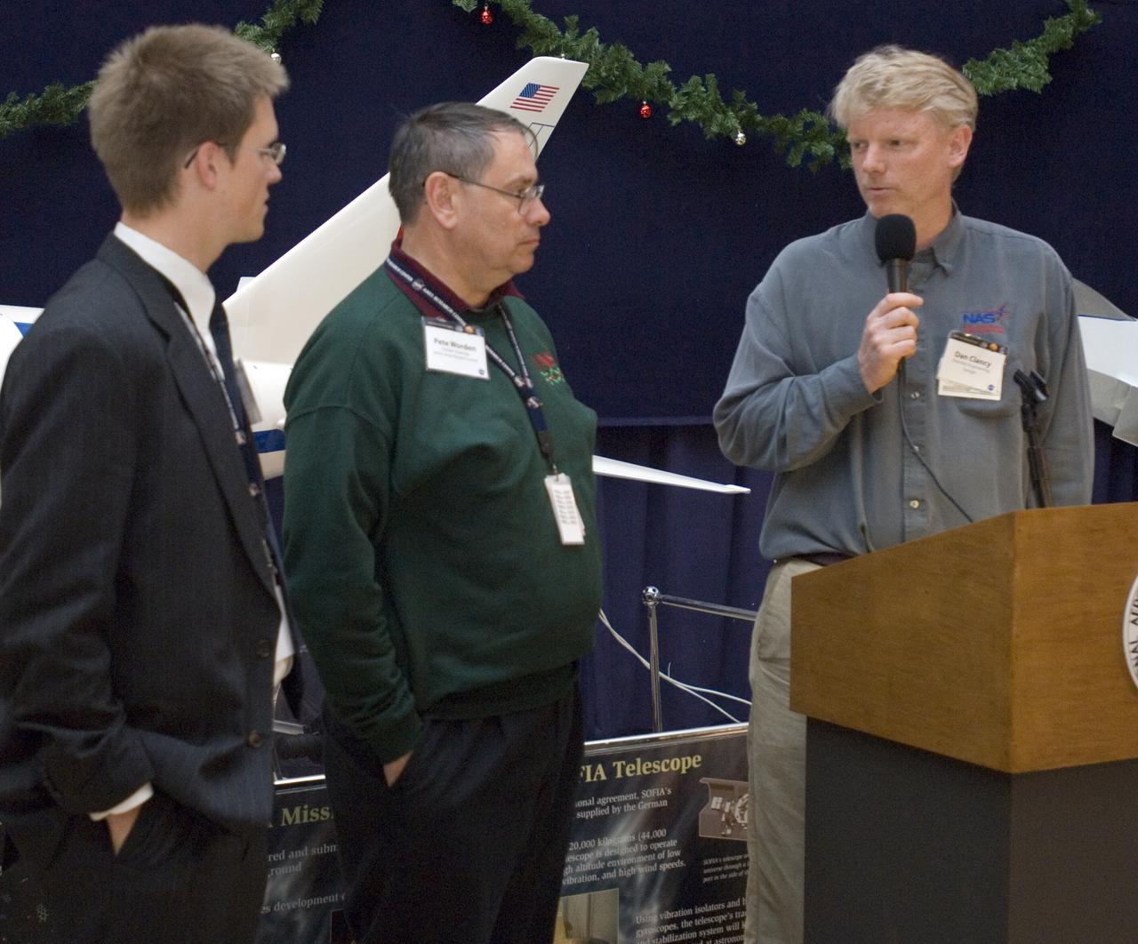 Kick-off event for Google NASA collaboration (held in the Ames Exploration Center 943A) with Chris Kemp, Ames Business Development (L) Ames Center Director Pete Worden (M) and Dan Clancy, Director of engineering Google (R)