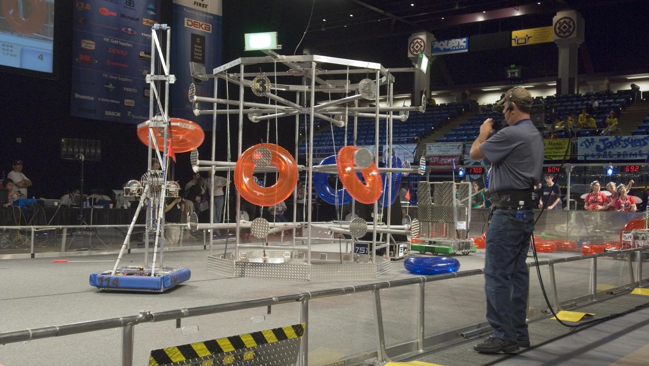 Silicon Valley FIRST Regional Robotics competition: Eagle Srike - Team 114 - Los Alton High School, Los Altos, California (CA) on floor doing battle