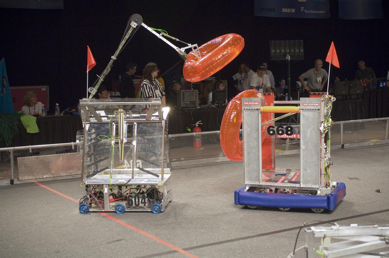 Silicon Valley FIRST Regional Robotics competition:  The Apes of Wrath - Team 668 - BAE Systems/Capitol Honda/D&M Model & Machine shop/Mchale Creative & Pioneer High School ASB, San Jose California (CA) do battle with Quixilver - Team 604 - Exatron/Google  Leland High School, San Jose, California (CA)