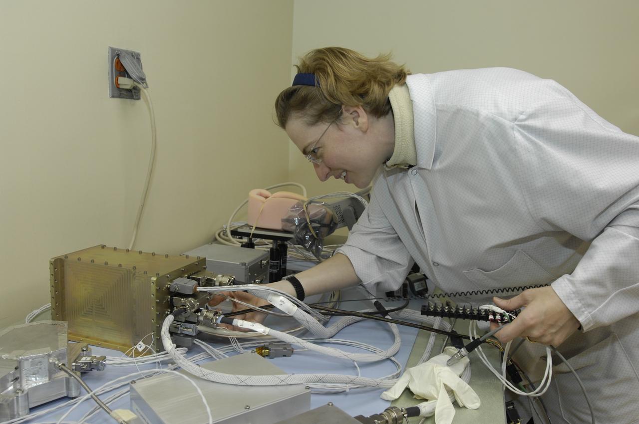 LCROSS in Clean Room at Ames Research Centeer -  flight hardware cable check and verification with Kim Ennico