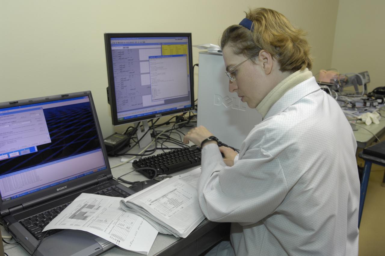 LCROSS in Clean Room at Ames Research Centeer -  flight hardware cable check and verification with Kim Ennico