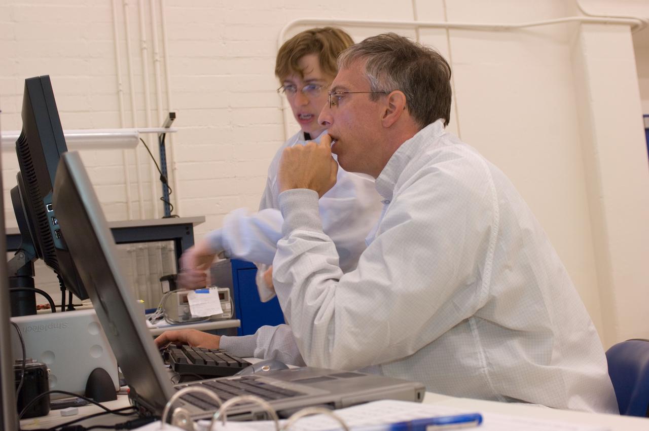 LCROSS flight hardware in clean room at Ames N-240. with Mark Shirley, LCROSS Northrup Grumman Redondo Beach, CA and Kim Ennico, NASA Ames P.I.