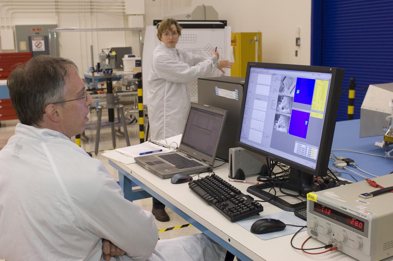 LCROSS flight hardware in clean room at Ames N-240. with Mark Shirley, LCROSS Northrup Grumman Redondo Beach, CA and Kim Ennico, NASA Ames P.I.