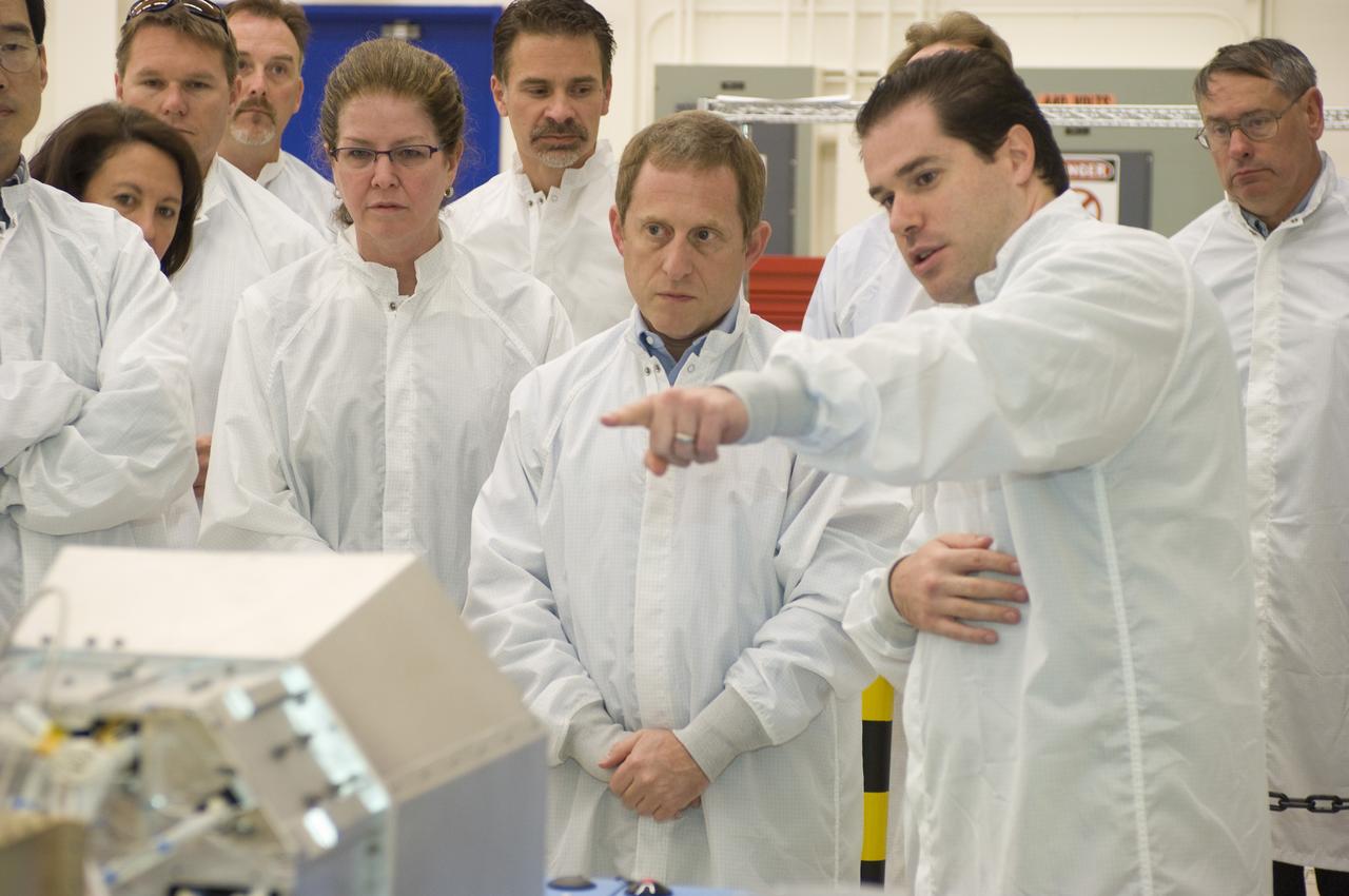 LCROSS flight hardware in clean room at Ames N-240: Tony Colaprete NASA Ames P.I. explains the progress of the LCROSS project to Alan Stern, NASA Associate Administrator of the Science Mission Directorate (SMD) as he tours the Lab during his visit to Ames to meet with and talk to the Ames scientists and employees.