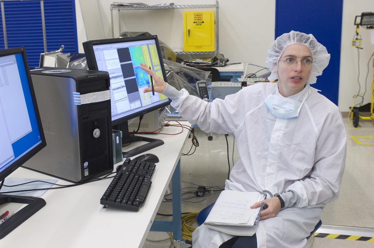 LCROSS in Ames clean room N-240 - calibration and camera check out with Kim Ennico (Ed schilling is used as subject)