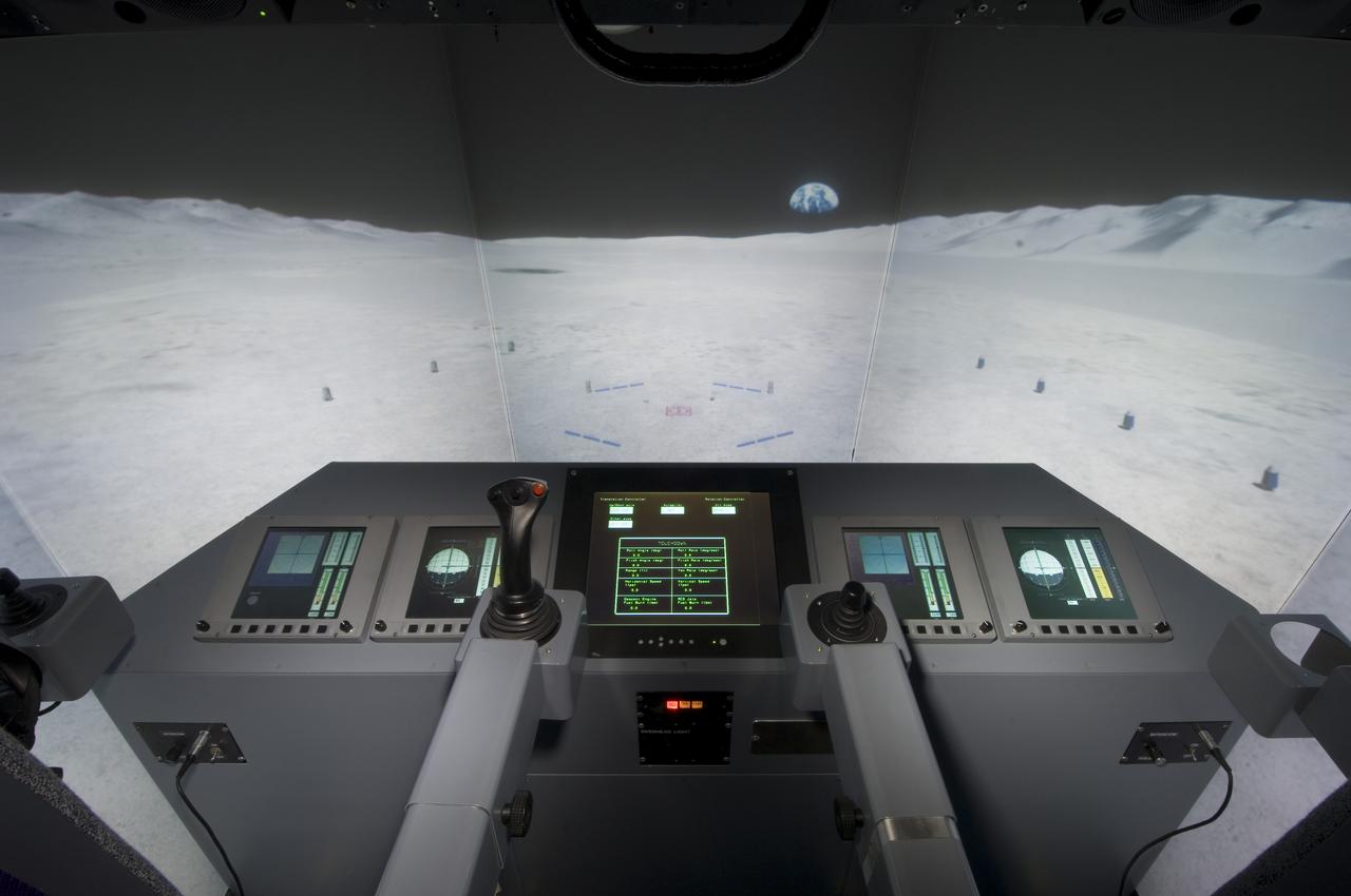 LUNAR SURFACE ACCESS MODULE (LSAM) CONFIGURATION VMS N-CAB INSTRUMENT PANEL, SEATS, FLIGHT CONTROLS, RESTRAINING SYSTEM OTW