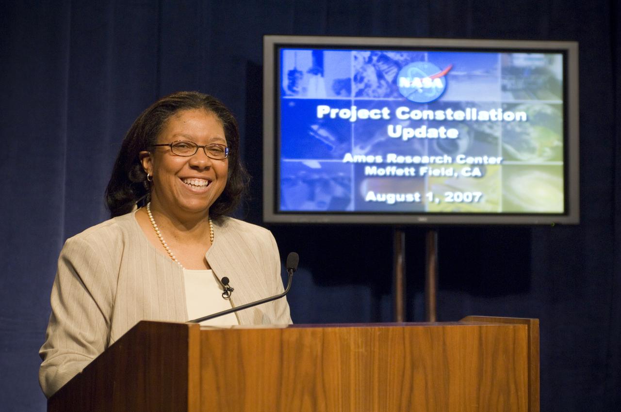 NASA Officials gather at Ames Research Center to discuss Spaceship development progress. Constellation is developing the Orion spacecraft and Ares rockets to support an American return to the moon by 2020.  Dolores Beasley, Director NASA Ames PAO