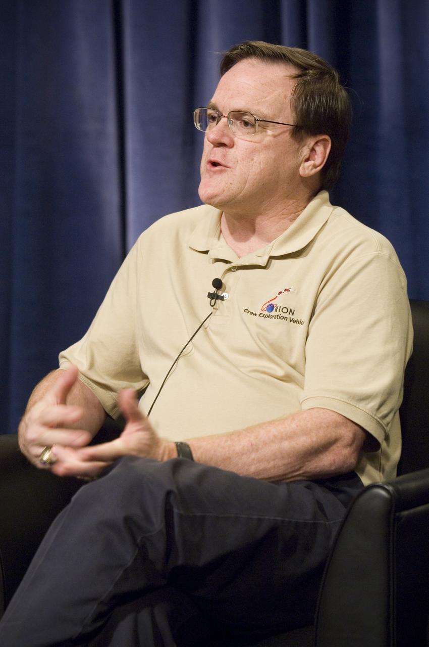 NASA Officials gather at Ames Research Center to discuss Spaceship development progress. Constellation is developing the Orion spacecraft and Ares rockets to support an American return to the moon by 2020. Speaker; Skip Hatfield, JSC Orion Project Manager