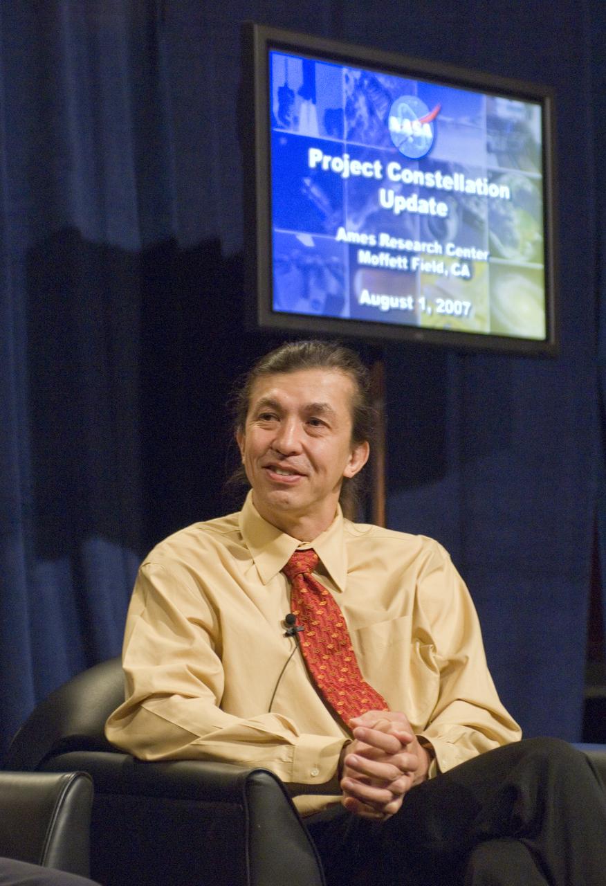 NASA Officials gather at Ames Research Center to discuss Spaceship development progress. Constellation is developing the Orion spacecraft and Ares rockets to support an American return to the moon by 2020.  Speaker James Reuther, ARC, leader of the Advanced Development Thermal rotection Systems (heat shield) project for the Orion Crew Exploration Vehicle