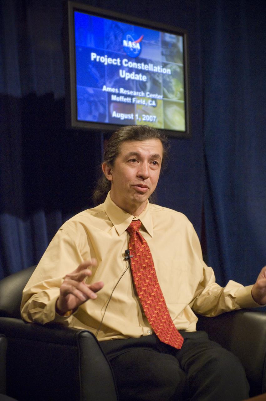 NASA Officials gather at Ames Research Center to discuss Spaceship development progress. Constellation is developing the Orion spacecraft and Ares rockets to support an American return to the moon by 2020.  Speaker James Reuther, ARC, leader of the Advanced Development Thermal rotection Systems (heat shield) project for the Orion Crew Exploration Vehicle