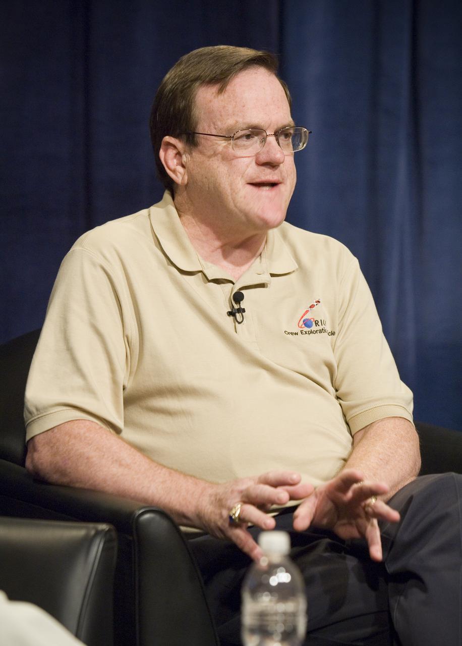 NASA Officials gather at Ames Research Center to discuss Spaceship development progress. Constellation is developing the Orion spacecraft and Ares rockets to support an American return to the moon by 2020. Speaker; Skip Hatfield, JSC Orion Project Manager