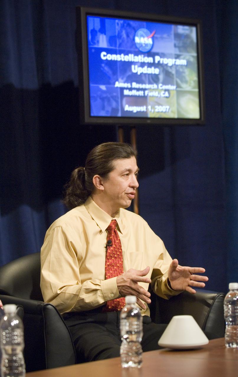 NASA Officials gather at Ames Research Center to discuss Spaceship development progress. Constellation is developing the Orion spacecraft and Ares rockets to support an American return to the moon by 2020.  Speaker James Reuther, ARC, leader of the Advanced Development Thermal rotection Systems (heat shield) project for the Orion Crew Exploration Vehicle