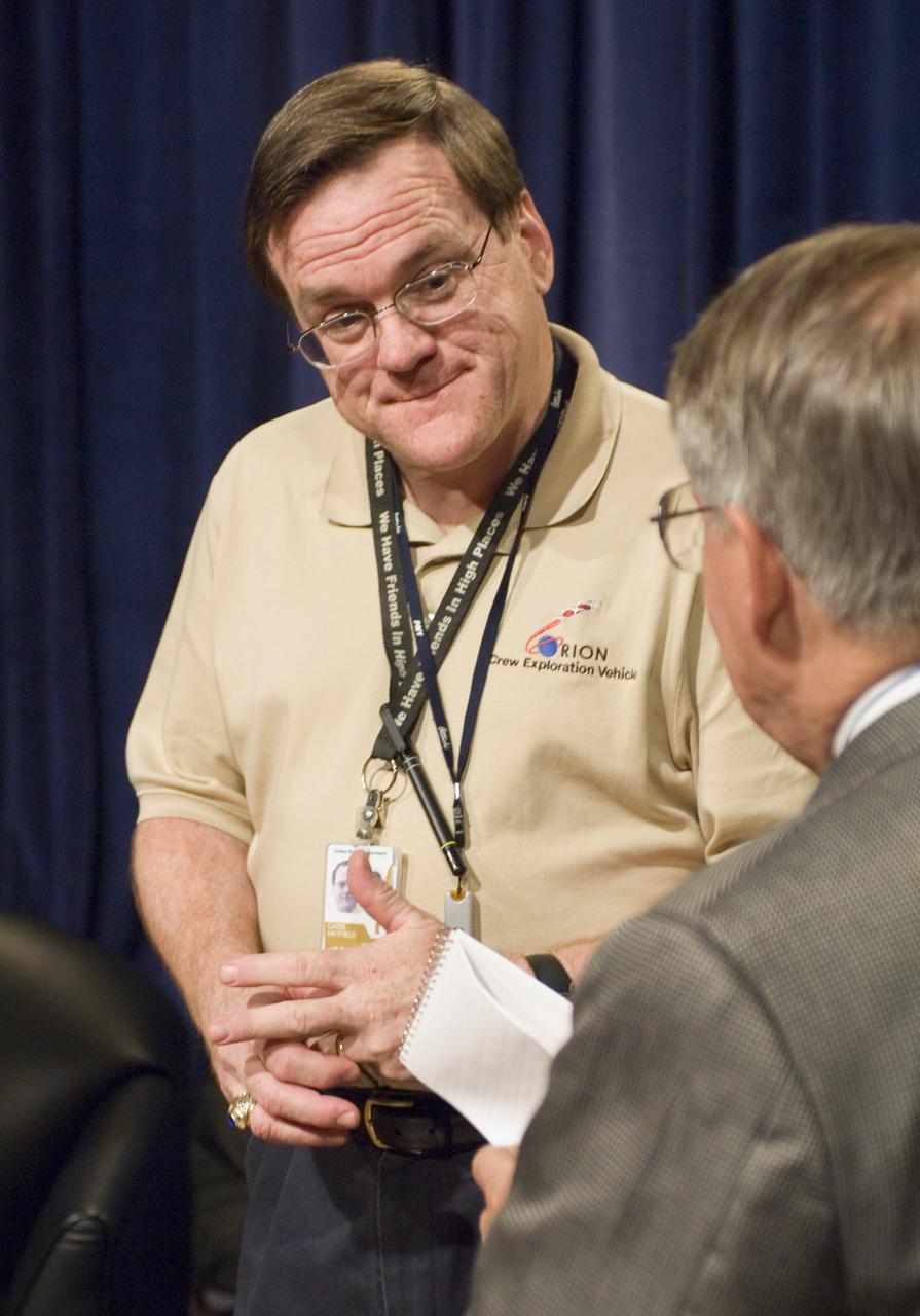 NASA Officials gather at Ames Research Center to discuss Spaceship development progress. Constellation is developing the Orion spacecraft and Ares rockets to support an American return to the moon by 2020. Speaker; Skip Hatfield, JSC Orion Project Manager