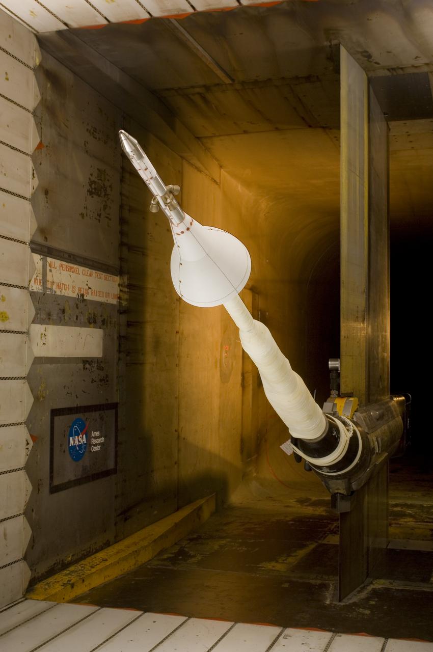 CEV (Crew Escape Vehicle) Alternative Launch Abort System (ALAS) configuration test in the Ames 11ft wind tunnel. Test-11-0172