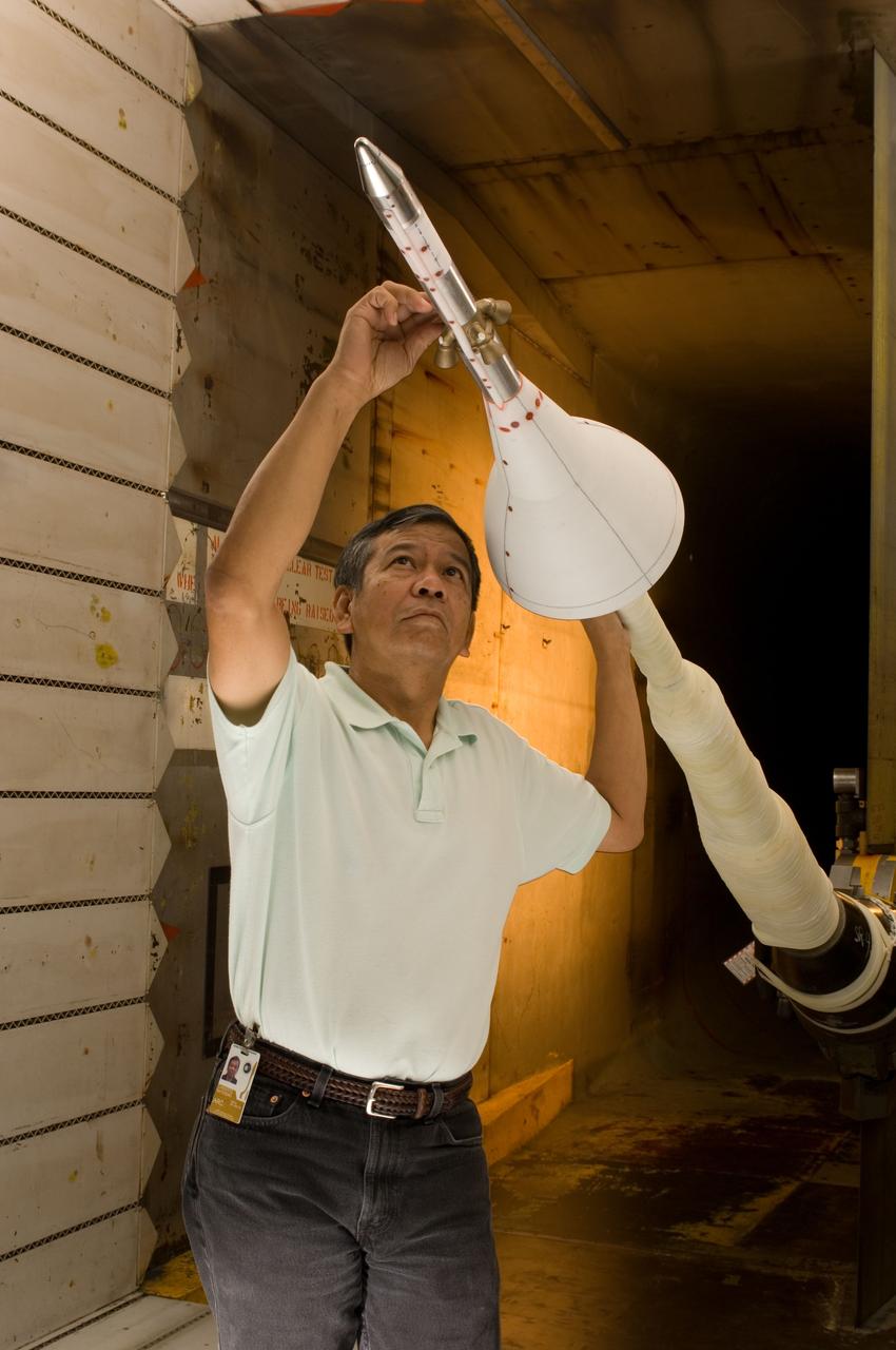 CEV (Crew Escape Vehicle) Alternative Launch Abort System (ALAS) configuration test in the Ames 11ft wind tunnel. Test-11-0172 with Paul Espinosa