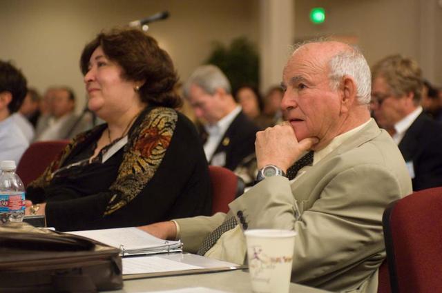 International Space Station (ISS) National Laboratory Workshop L-R Lynn Harper, Ames and Baruch Blumberg, Nobel Laureate, Fox Chase Cancer Center during talk on Science on the international Space Station, Past and Future.