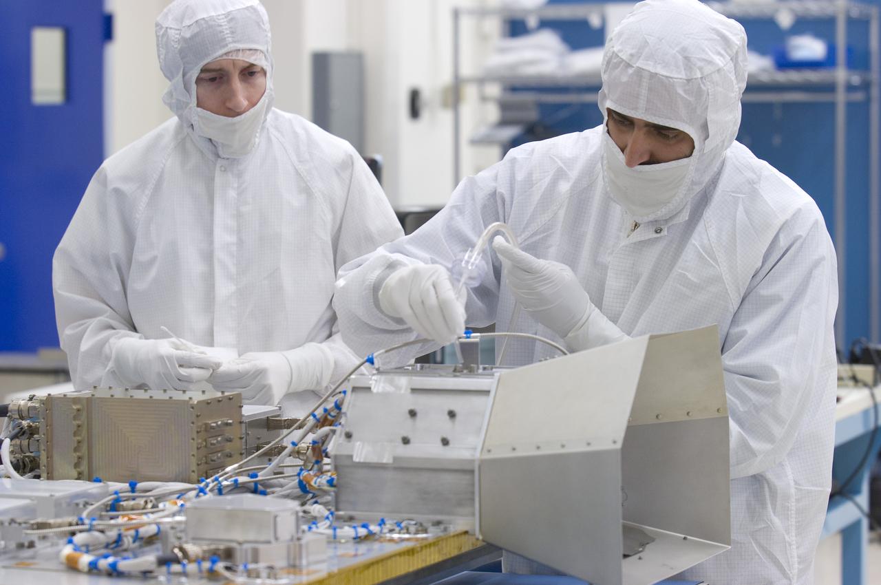 LCROSS in Ames clean room N-240 -cleaning for shipping to Northrup Grumman, Redondo Beach, CA.