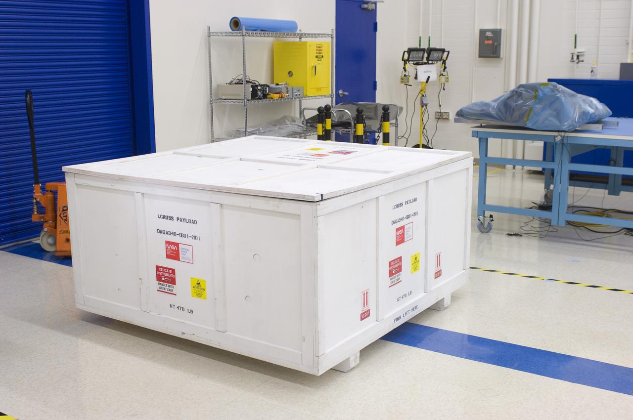 LCROSS in Ames clean room N-240- special made crate for transfer to Northrup Grumman Redondo Beach, CA where more calibration will be done before finally being sent for mating with the LRO spacecraft