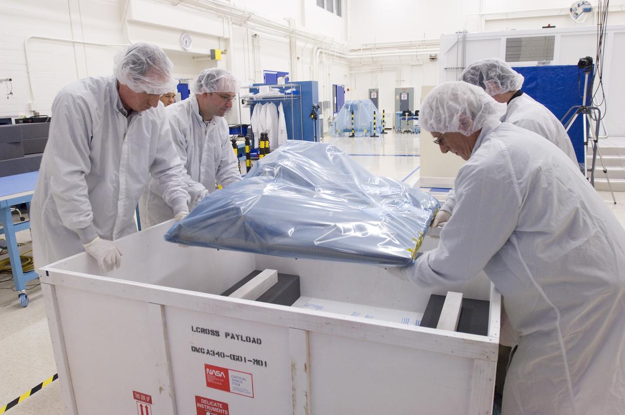 LCROSS in Ames clean room N-240- packing and crating for transfer to Northrup Grumman Redondo Beach, CA where more calibration will be done before finally being sent for mating with the LRO spacecraft