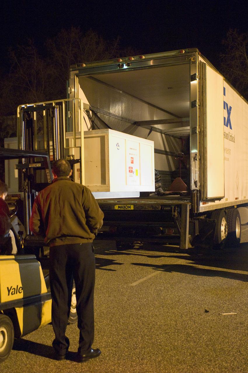 LCROSS leaves Ames clean room and is loaded onto a truck for trip to Northrup Grumman Redondo Beach, CA for further calibration and verification tests before being mated to the Lunar Reconnaissance Orbitor (LR0) spacecraft for a piggyback ride to the Moon.