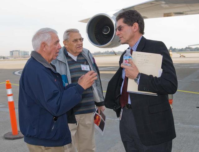 SOFIA visit to Ames: landing/taxi/ pilots/crowds shown here are Warren Hall, Marty Knutson and Steve Zornetzer