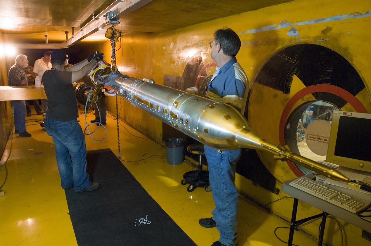 CLV ascent model installation 9x7ft. wind tunnel test-97-0180 with Marshall space Flight Center crew Darin Reed, Chrissi Hamilton, Don Nance, Bill Crosby