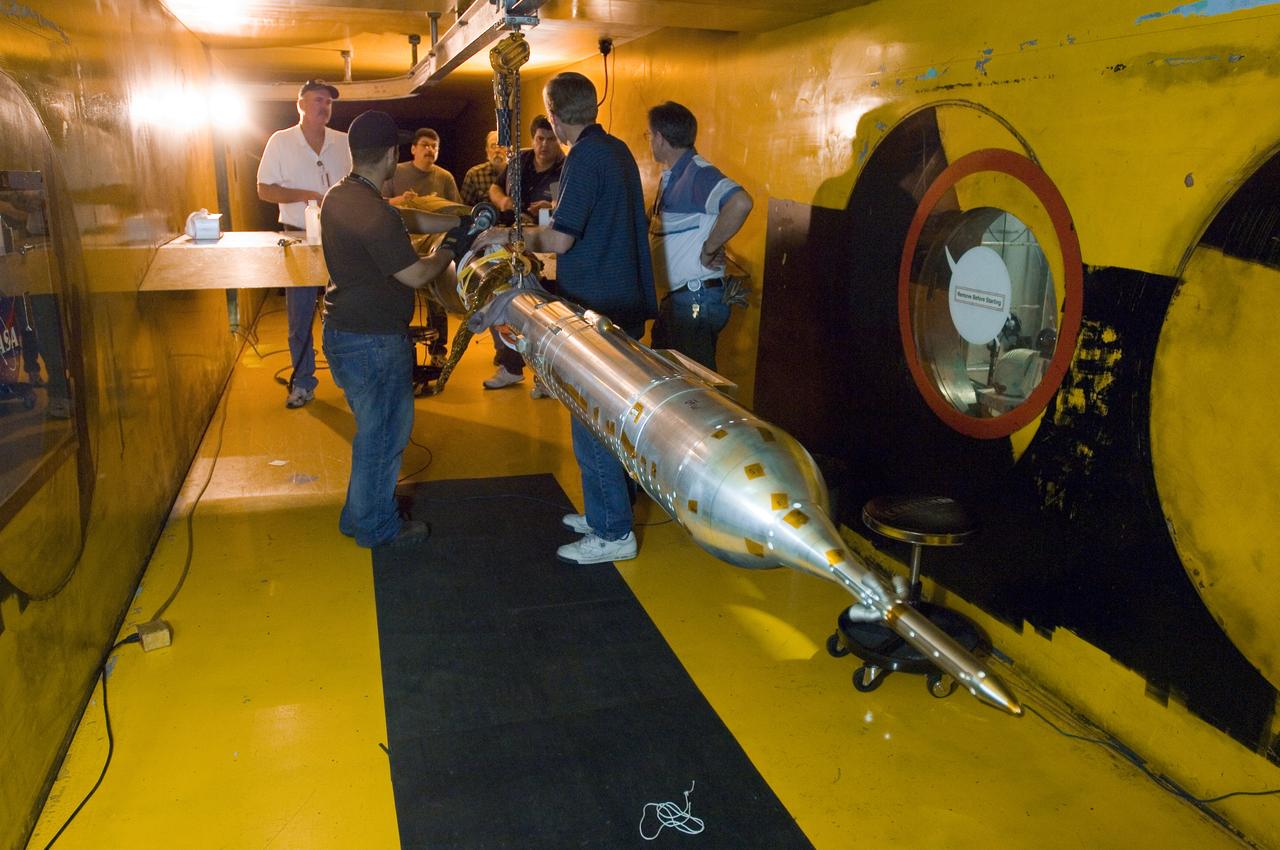 CLV ascent model installation 9x7ft. wind tunnel test-97-0180 with Marshall space Flight Center crew Darin Reed, Chrissi Hamilton, Don Nance, Bill Crosby