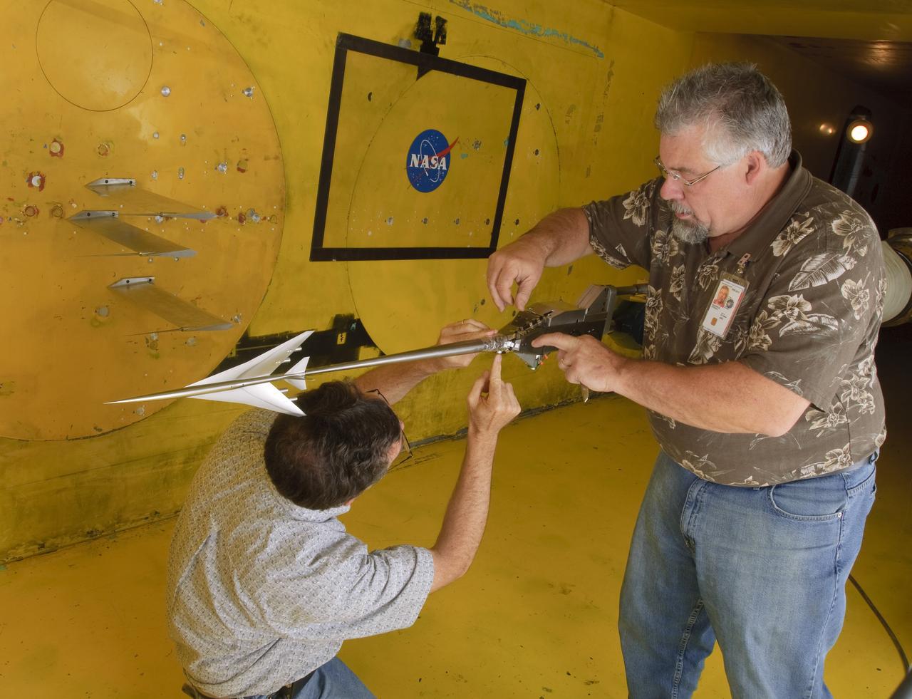 Sonic Boom Test using Ames HSR-Low Boom Wing Tail in the 9x7ft transonic wind tunnel (Test-97-0190) with Don Durston and Steve Buchholz