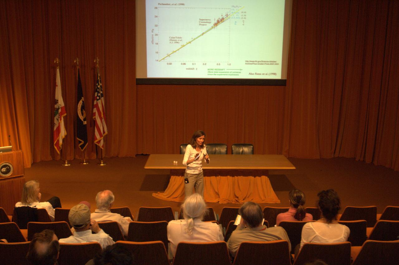 Professor Patricia Burchat, Chair of the Physics Department at Stanford University presents a Director's Colloquium entitled 'The Dark Side of the Universe'.  A video of the presentation is currently available at the NASA Ames Library.