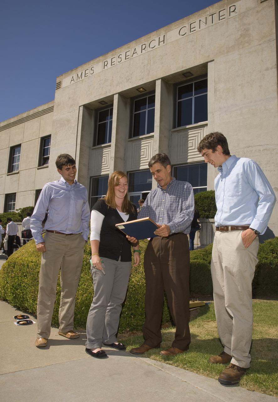 Summer Internship for 2008 closing ceremony: Juan Cjigas, Roseleith Taylor, William 'Bill' Warmbrodt (mentor) and Peter Caffin on steps of the Ames Administration building N-200.