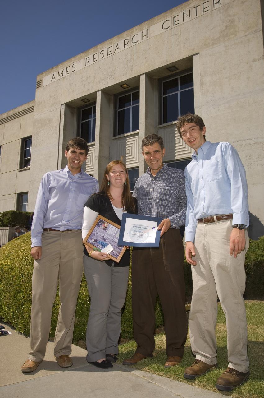 Summer Internship for 2008 closing ceremony: Juan Cjigas, Roseleith Taylor, William 'Bill' Warmbrodt (mentor) and Peter Caffin on steps of the Ames Administration building N-200.
