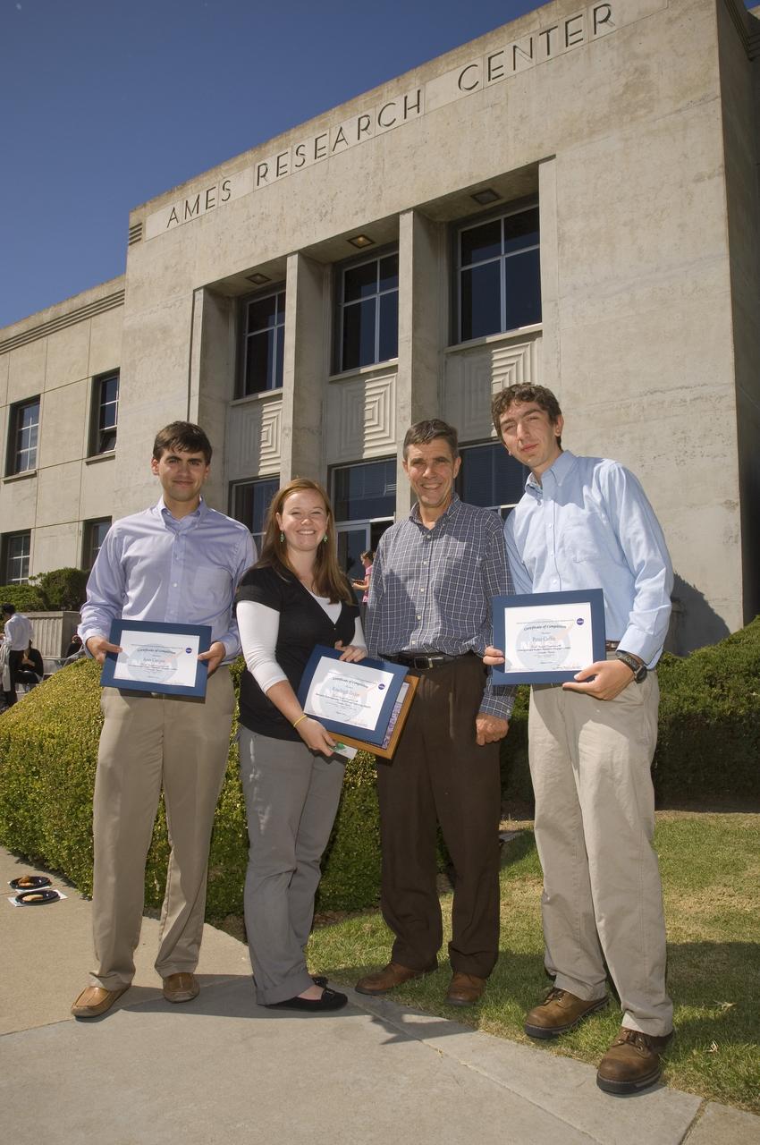 Summer Internship for 2008 closing ceremony : Juan Cjigas, Roseleith Taylor, William 'Bill' Warmbrodt (mentor) and Peter Caffin on steps of the Ames Administration building N-200.